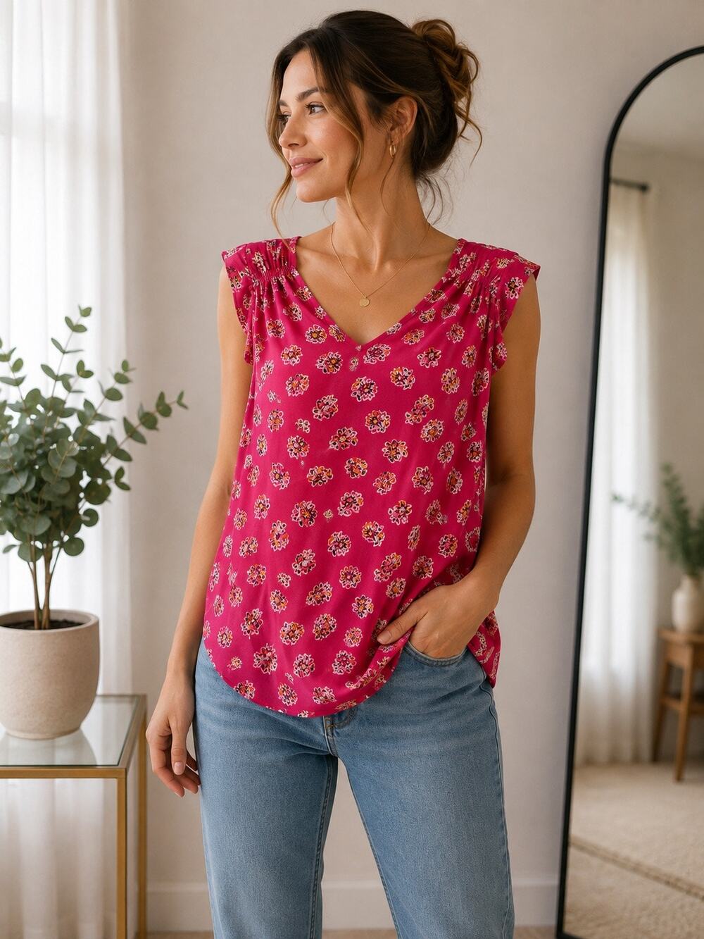 LOFT Petites Floral Flutter Sleeve Blouse Pink V-Neck Women’s XSP
